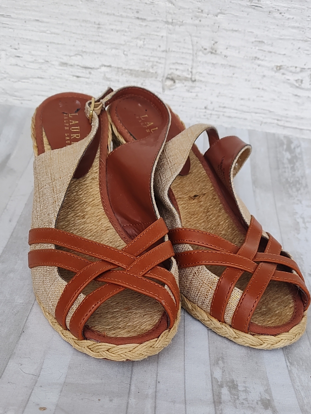 Lauren Ralph Lauren Brown and Tan Linen Upper Espadrille Wedge Sandals